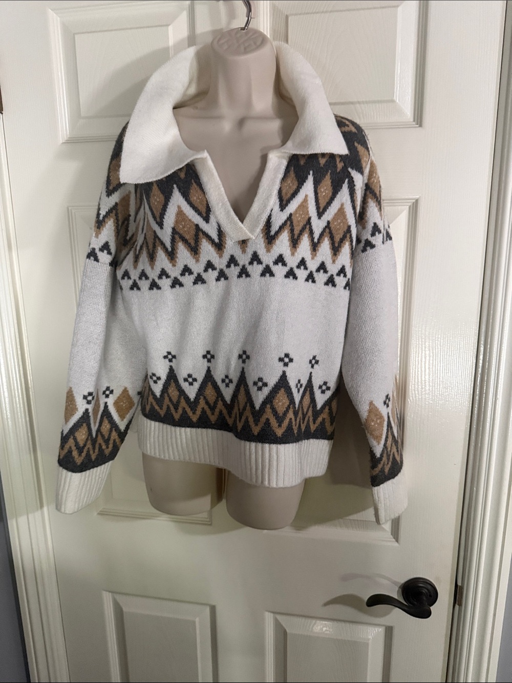 1. State White V-Neck Sweater with Brown and Black Geometric Pattern